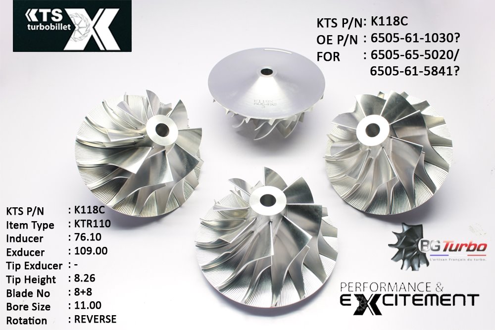 Turbo ROUE FORGÉE MFS PERFORMANCE - 8+8 PALES - INDUCER : 76,1 - EXDUCER : 109 - TYPE : KTR110ANGLE : 70° - ROTATION : Reverse - SUPER BACK : 8,75 - BORE SIZE : 11
